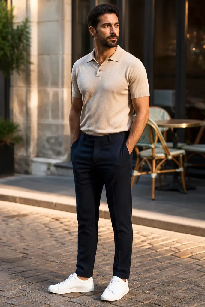 Sand knit polo with navy tailored trousers and white sneakers