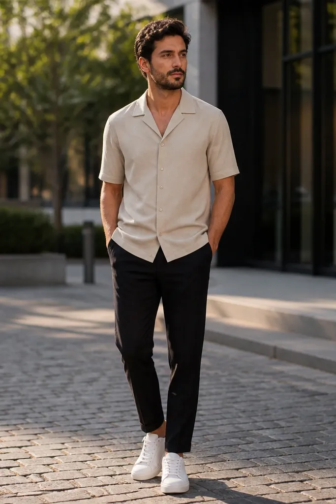 Beige camp-collar shirt with black trousers and white sneakers
