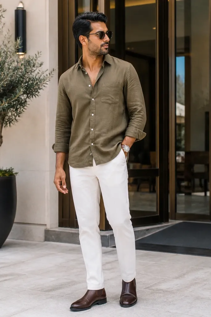 Olive overshirt over a shirt with white chinos and dark brown boots