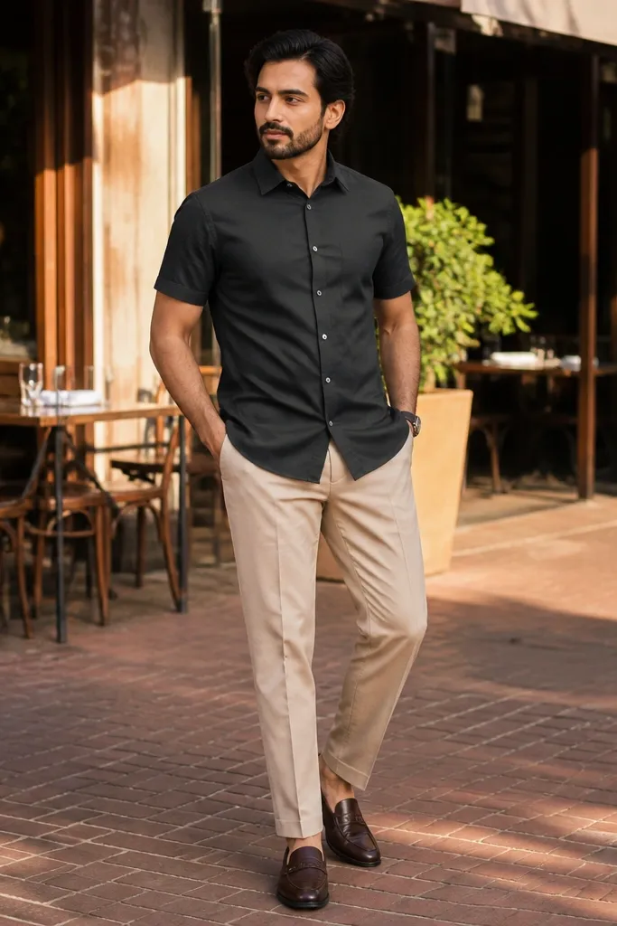 Charcoal short-sleeve dress shirt with beige trousers and dark brown loafers