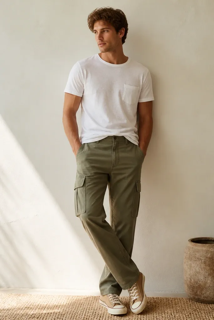 A model wearing olive summer cargo pants with visible side pockets, a white slub short-sleeve T-shirt, and tan low-top canvas sneakers. The shirt is slightly tucked at the front, and the pant hem is clean with a small break over the shoe.