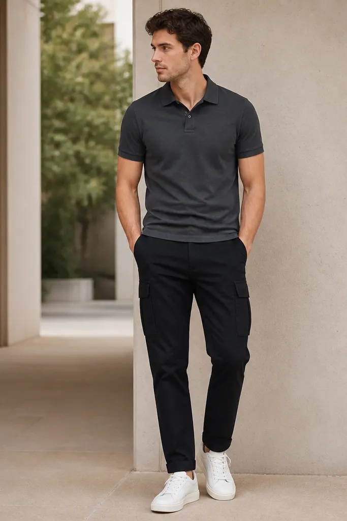 A model in black cargo pants with a clean taper, a charcoal short-sleeve polo with a two-button placket, and white leather low-top sneakers. The polo sits flat at the waist with no extra fabric bunching.