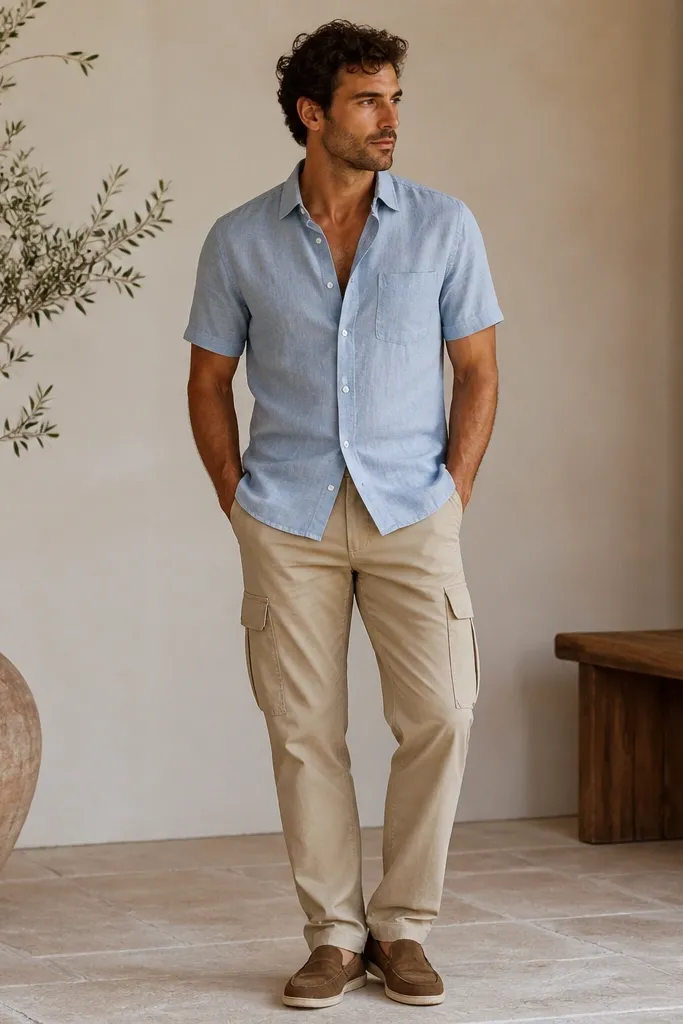 Tan cargo pants paired with a light blue washed short-sleeve button-down. The shirt is worn open at the collar with the top button undone, and brown slip-on shoes sit under a lightly broken pant hem.