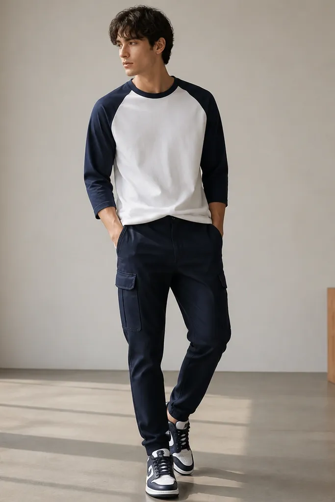 Navy cargo pants with a tapered leg and a white baseball tee with contrast sleeves. The outfit includes navy-and-white sneakers, and the tee is tucked at the front with a clean V line at the waist.