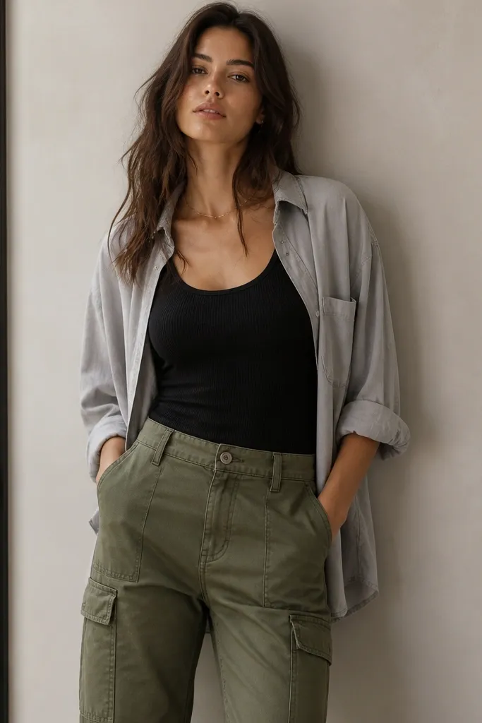 Olive cargo pants styled with a black ribbed tank top. An open lightweight overshirt in light grey hangs over it, with sleeves loosely rolled and the collar open.