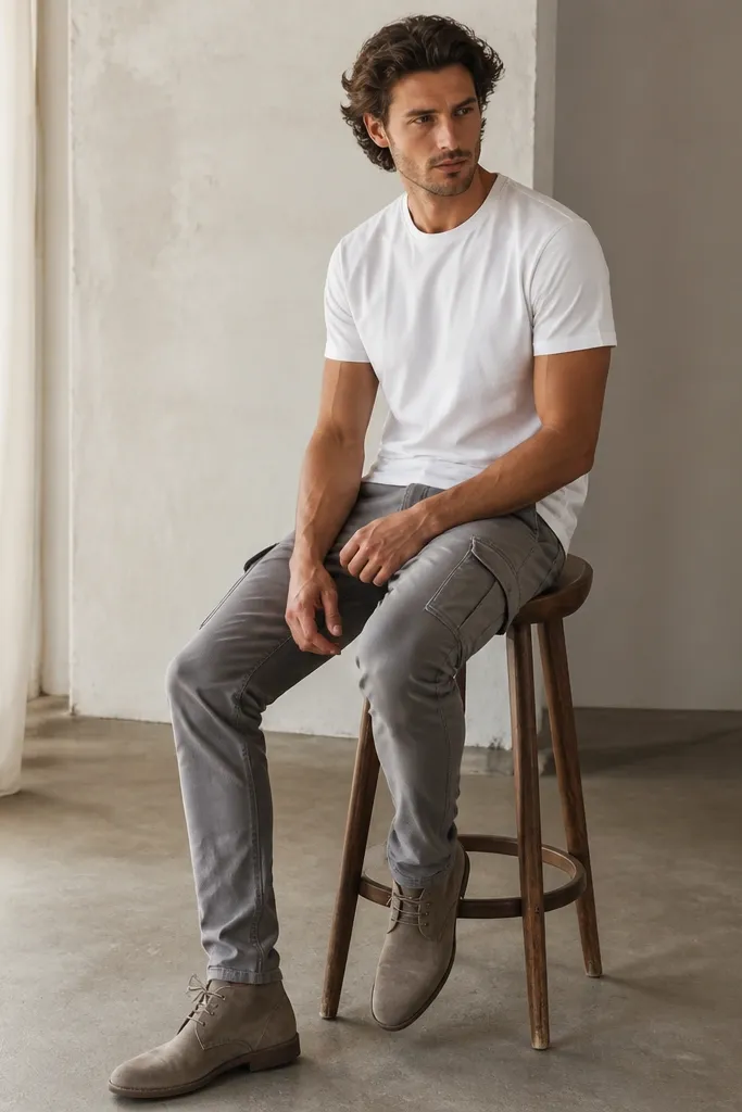 Grey cargo pants with tapered legs, a plain white crewneck T-shirt, and grey suede desert boots. The pants hem breaks at the top of the boot, and the outfit looks clean and slightly dressed down.