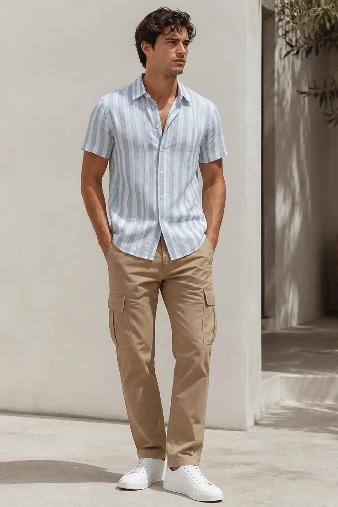 Tan cargo pants paired with a striped linen short-sleeve shirt in white and pale blue. The shirt is buttoned and slightly open at the collar, and the model wears clean white sneakers.
