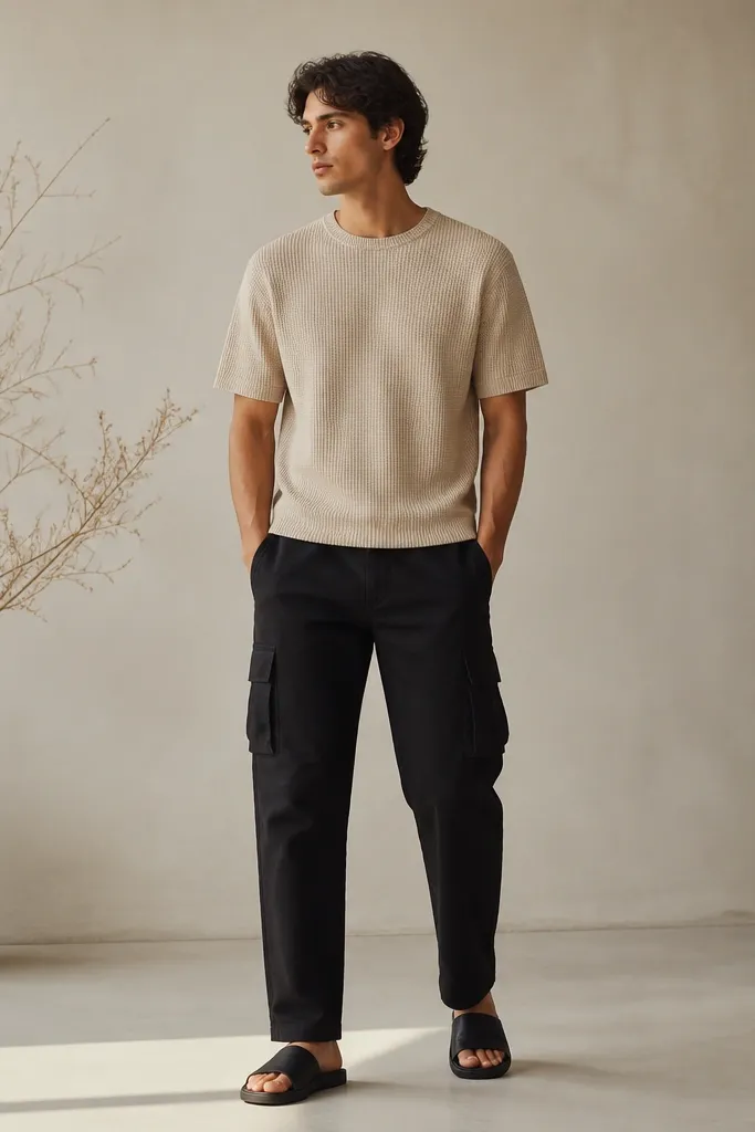 Black cargo pants with a straight-to-slight taper, an oatmeal knit short-sleeve shirt, and black slide sandals. The shirt is worn untucked but ends at the waistband line.
