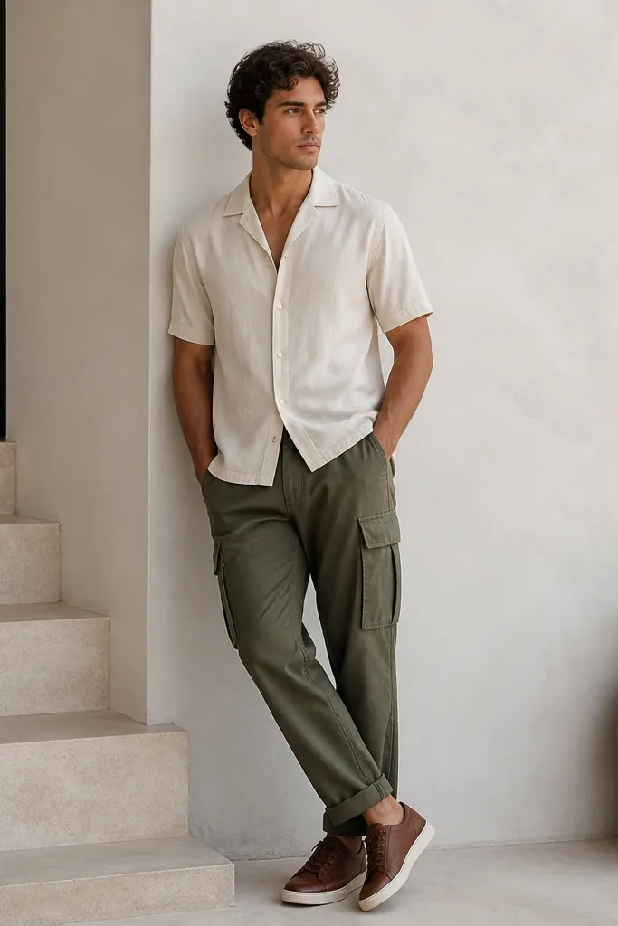 Olive cargo pants paired with a cream camp-collar short-sleeve shirt. The shirt is buttoned halfway with a relaxed fit. Brown leather sneakers sit under a slightly rolled hem.