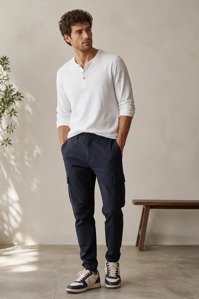 Navy cargo pants with a tapered leg, a white henley with three buttons, and sneakers with navy and cream panels. The henley is slightly tucked at the front and the sleeves are rolled once.