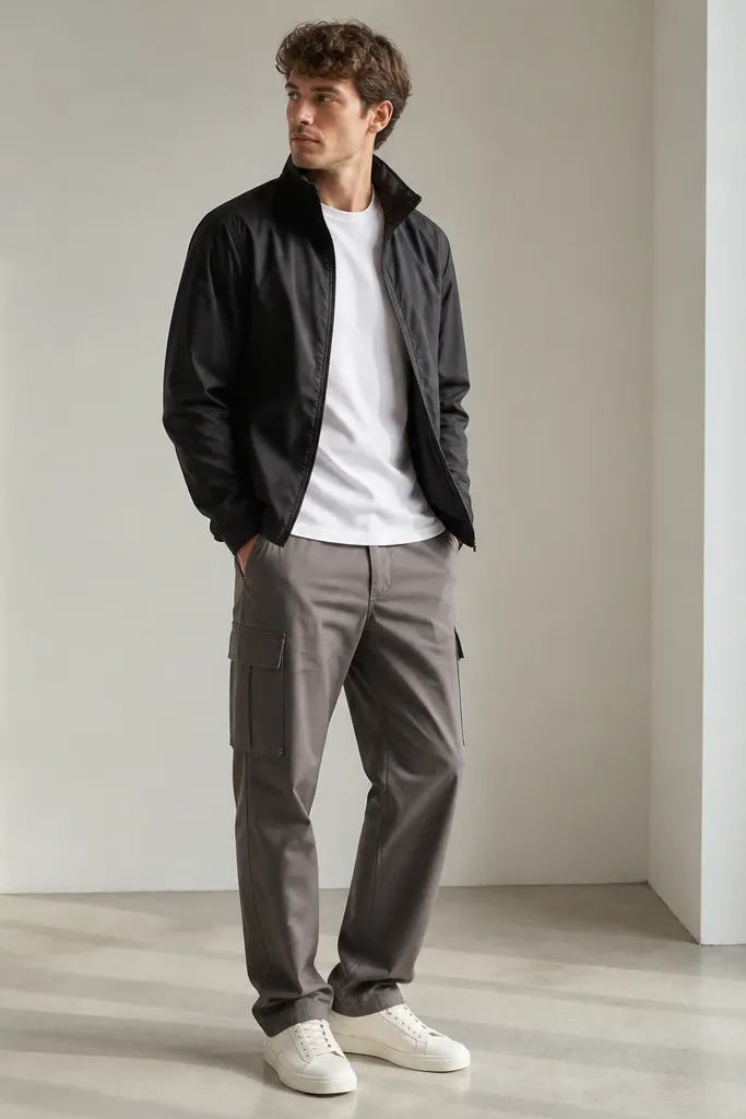 Grey cargo pants paired with a black lightweight windbreaker jacket layered over a plain white tee. The jacket is unzipped halfway, and the pants hem has a slight break at the top of clean sneakers.