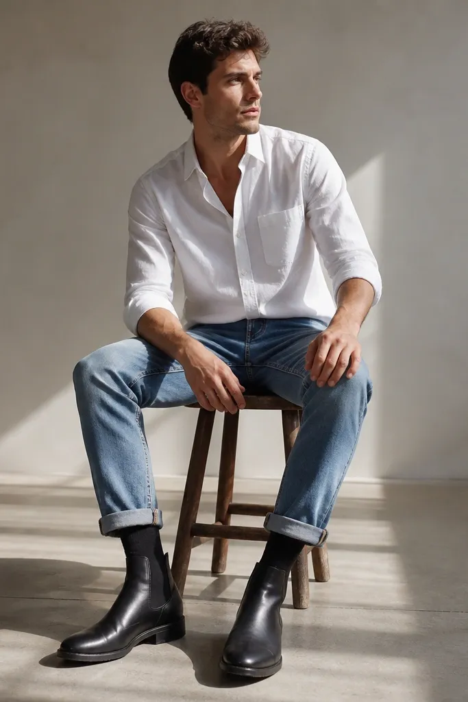 Black Chelsea boots with cuffed light blue jeans and a white poplin shirt