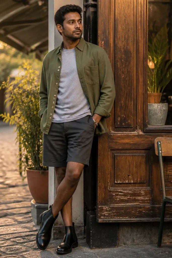 Black Chelsea boots with charcoal shorts and an olive overshirt