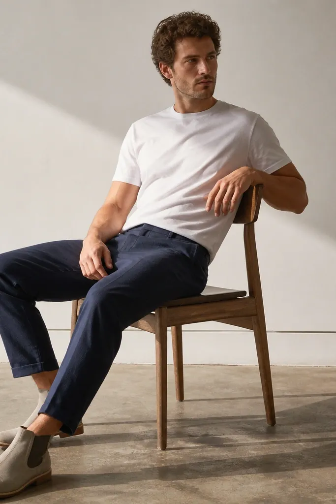 Light grey Chelsea boots with a white tee and navy linen trousers