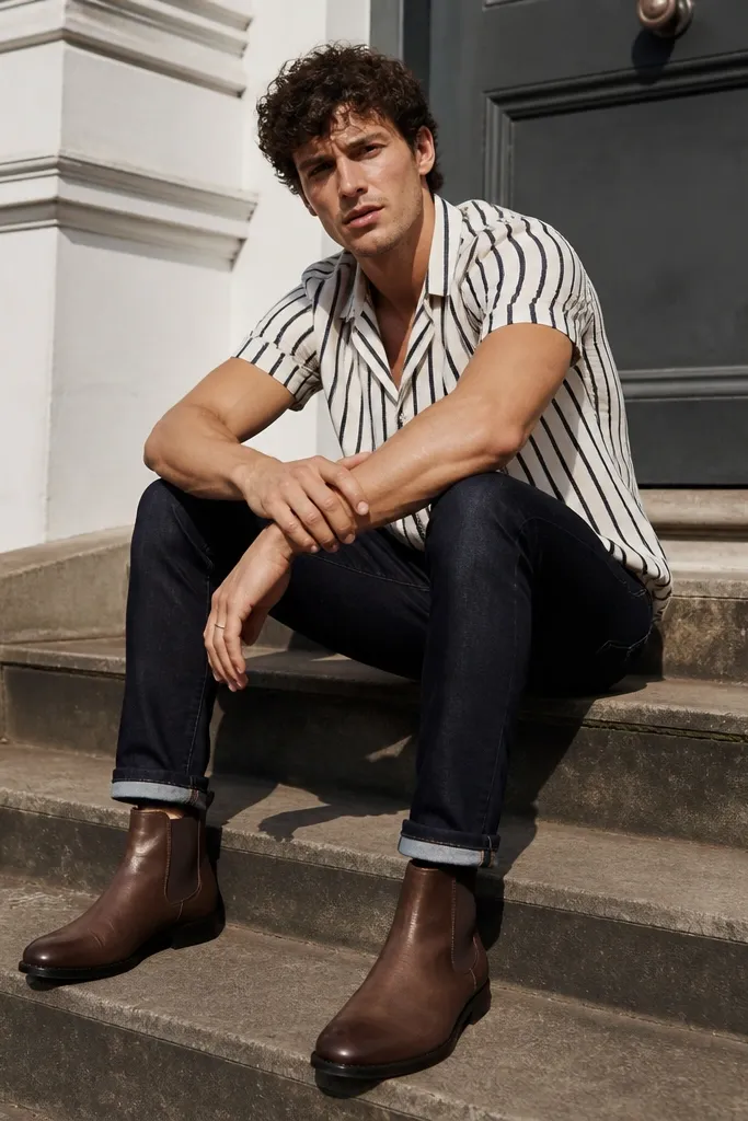 Brown Chelsea boots with a striped short-sleeve shirt and dark denim jeans