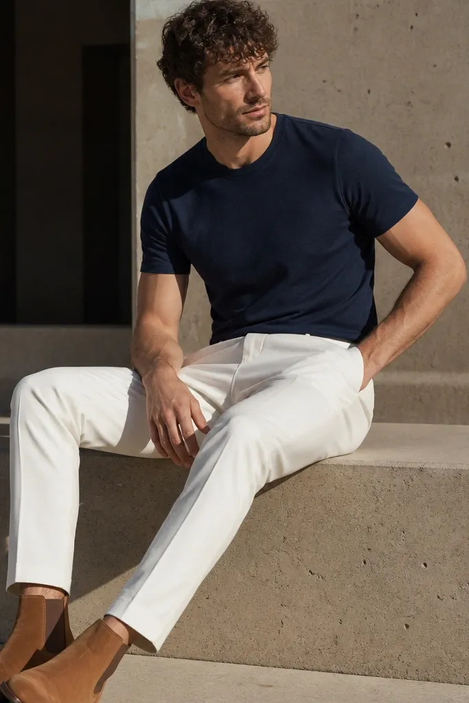 Tan Chelsea boots with white trousers and a navy crewneck tee