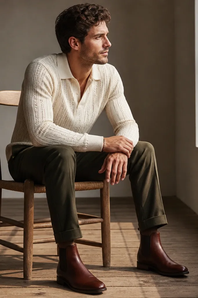Red-brown Chelsea boots with a cream knit shirt and olive trousers