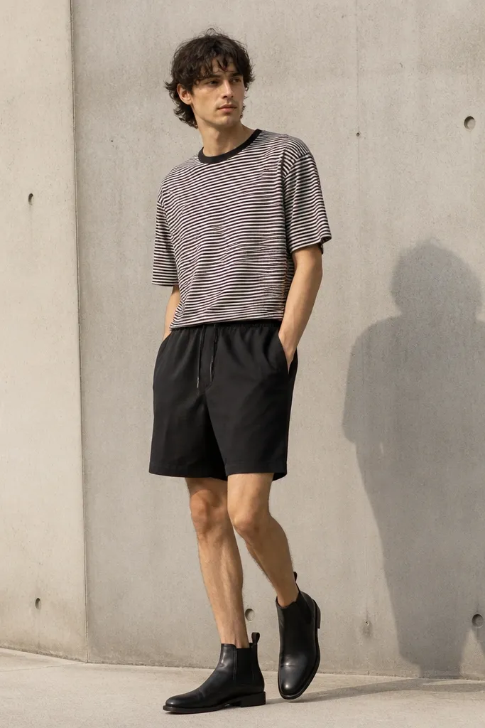 Black Chelsea boots with a striped t-shirt and black summer-length track shorts