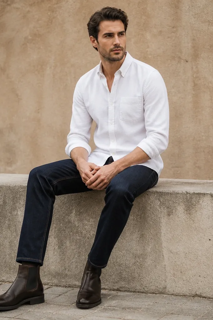 Espresso Chelsea boots with a white chambray shirt and navy straight-leg jeans