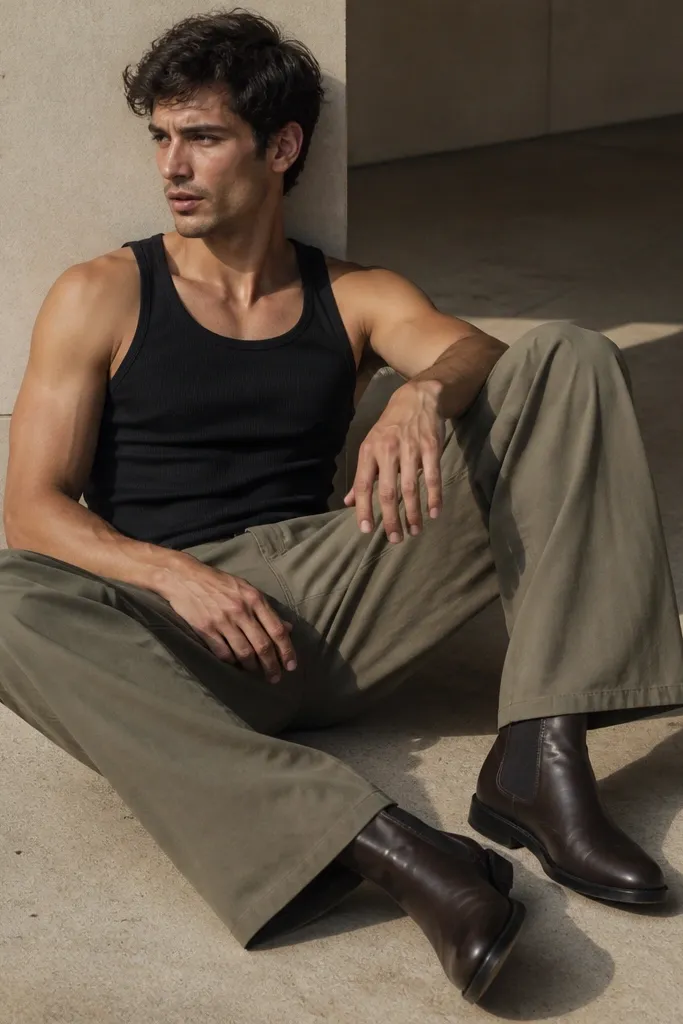 Chocolate Chelsea boots with a black tank and light olive wide-leg trousers