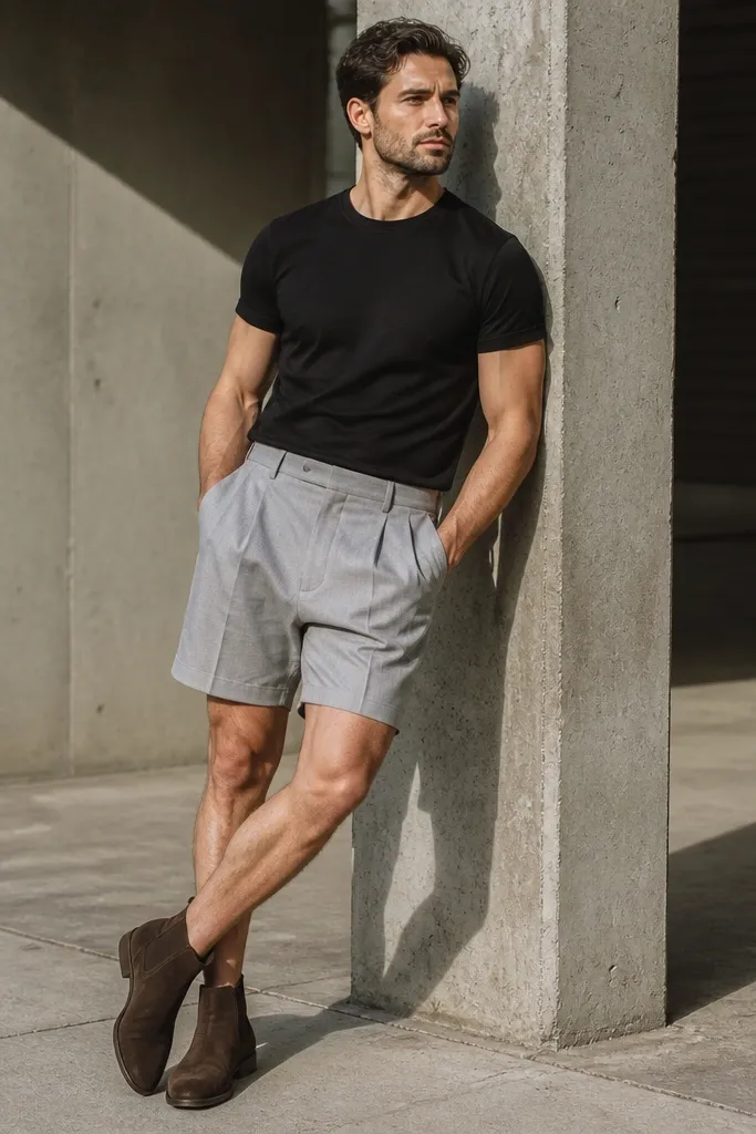 Brown Chelsea boots with a black t-shirt and light grey pleated shorts
