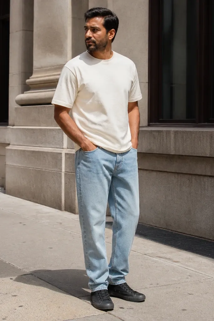 Black high-top Converse with light-wash straight jeans and a white tee