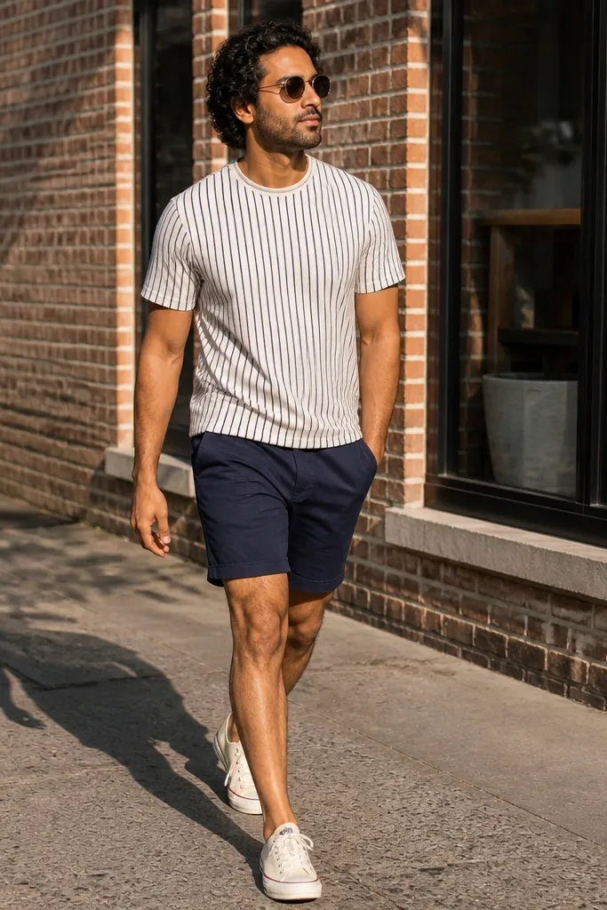 Cream Converse with a navy-and-cream striped tee and navy shorts