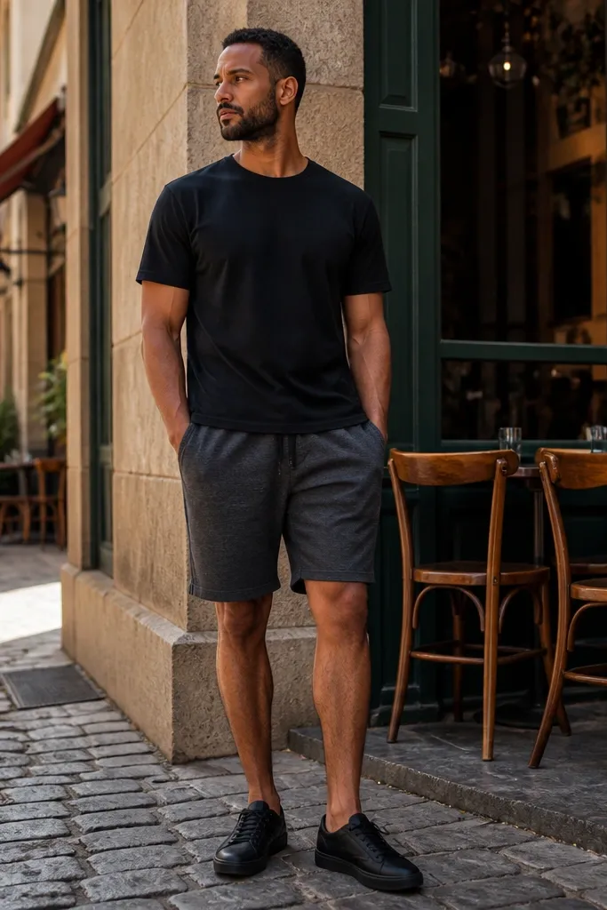 Black Converse with charcoal drawstring shorts and a black t-shirt