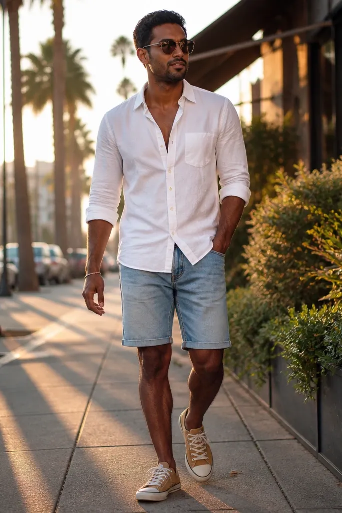 Tan Converse with light blue denim shorts and a white button-up