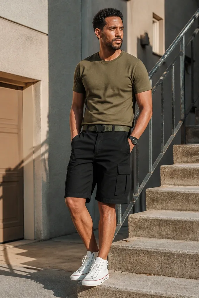 White leather Converse with black cargo shorts and an olive t-shirt