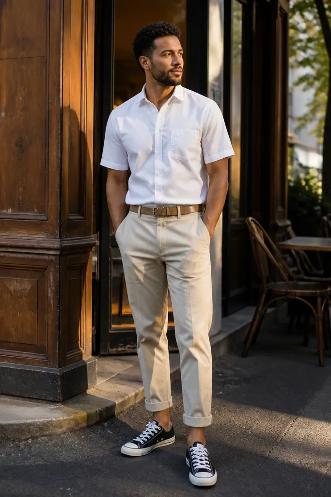 Black Converse with a white button-down and cuffed light chinos