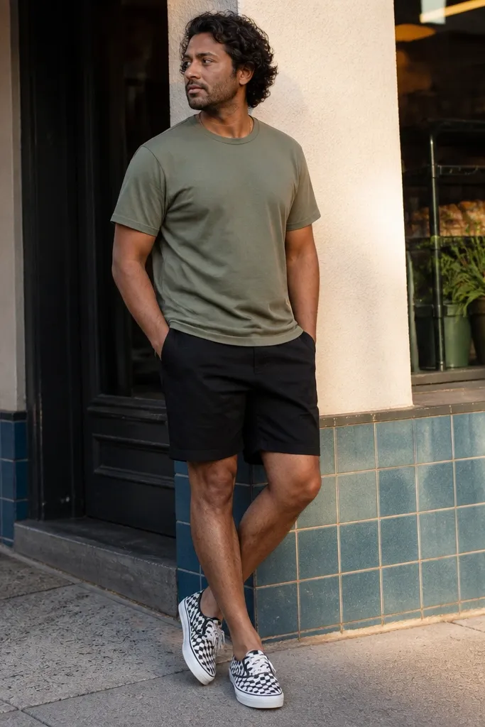 Checkerboard Converse with a sage t-shirt and black shorts