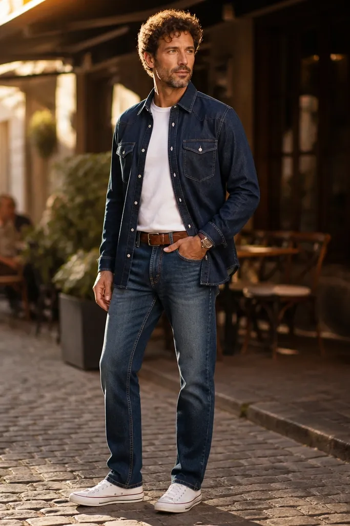 Off-white Converse with mid-blue denim jacket and jeans