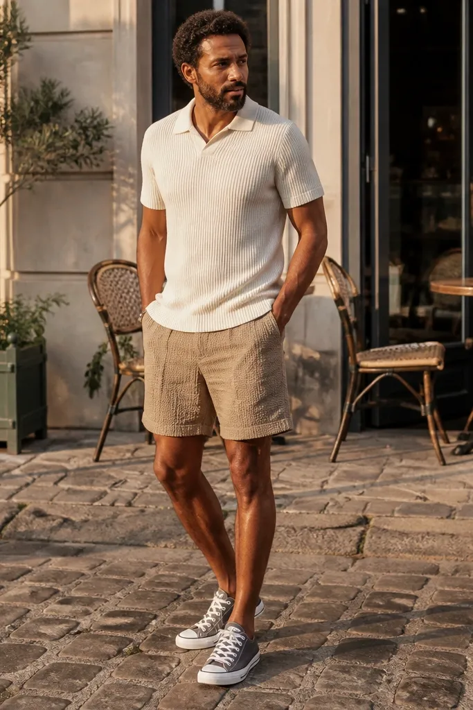Charcoal Converse with a cream knit polo and tan shorts