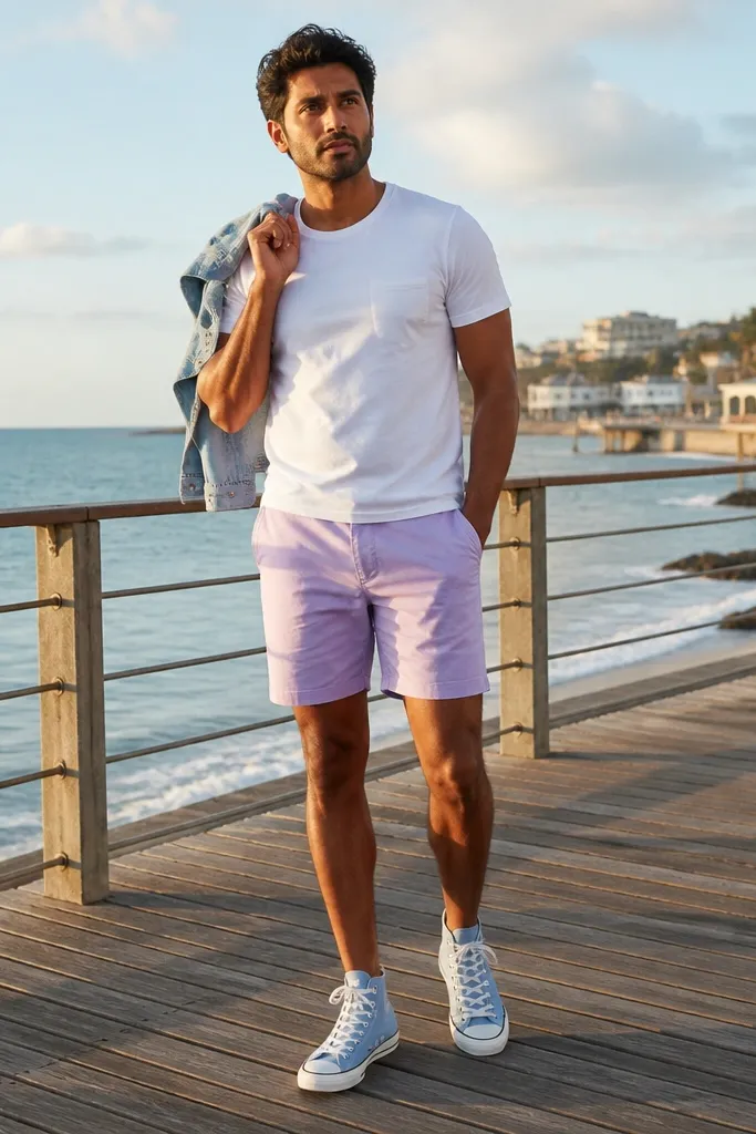 Sky blue Converse with a white t-shirt and pastel pink shorts
