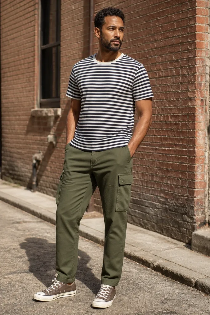 Brown Converse with a striped tee and olive cargo pants
