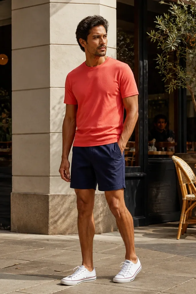White Converse with a coral t-shirt and navy athletic shorts