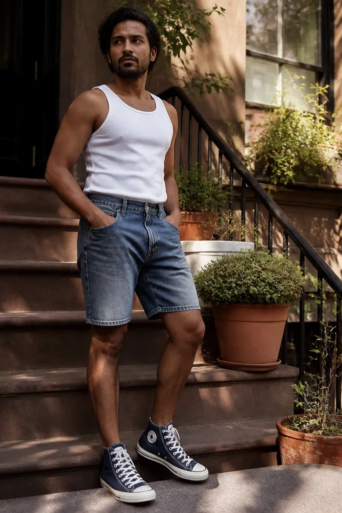 Navy Converse with a white tank top and medium-wash denim shorts