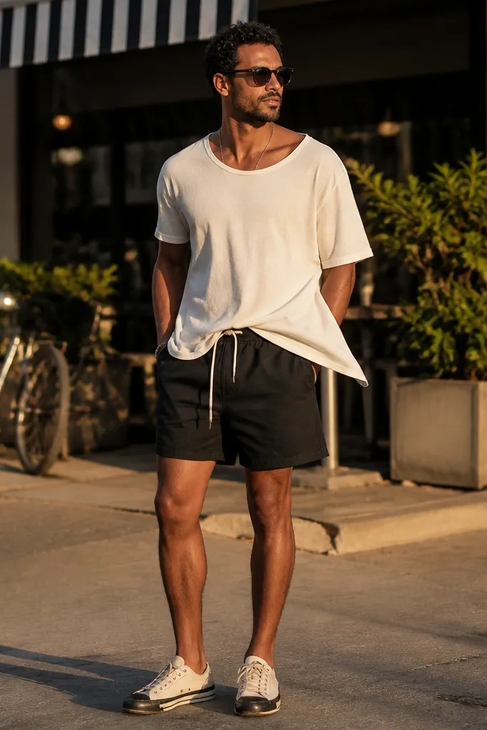 Off-white Converse with black swim shorts and an oversized white tee