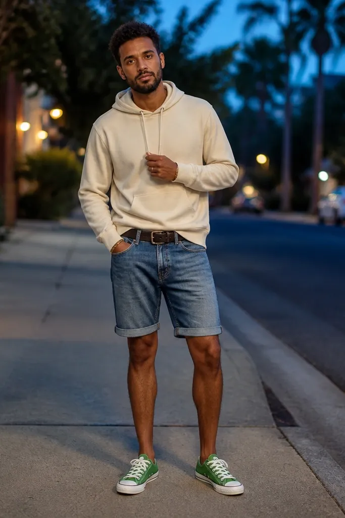 Green Converse with a cream hoodie and denim shorts