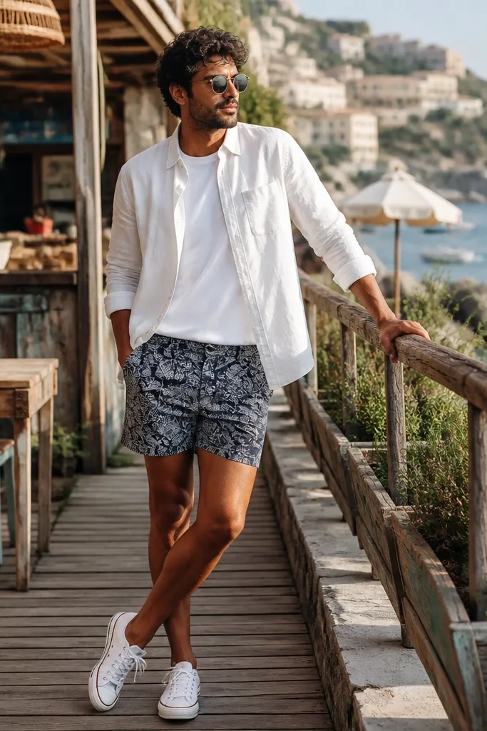 White Converse with patterned short shorts and a white button-up shirt