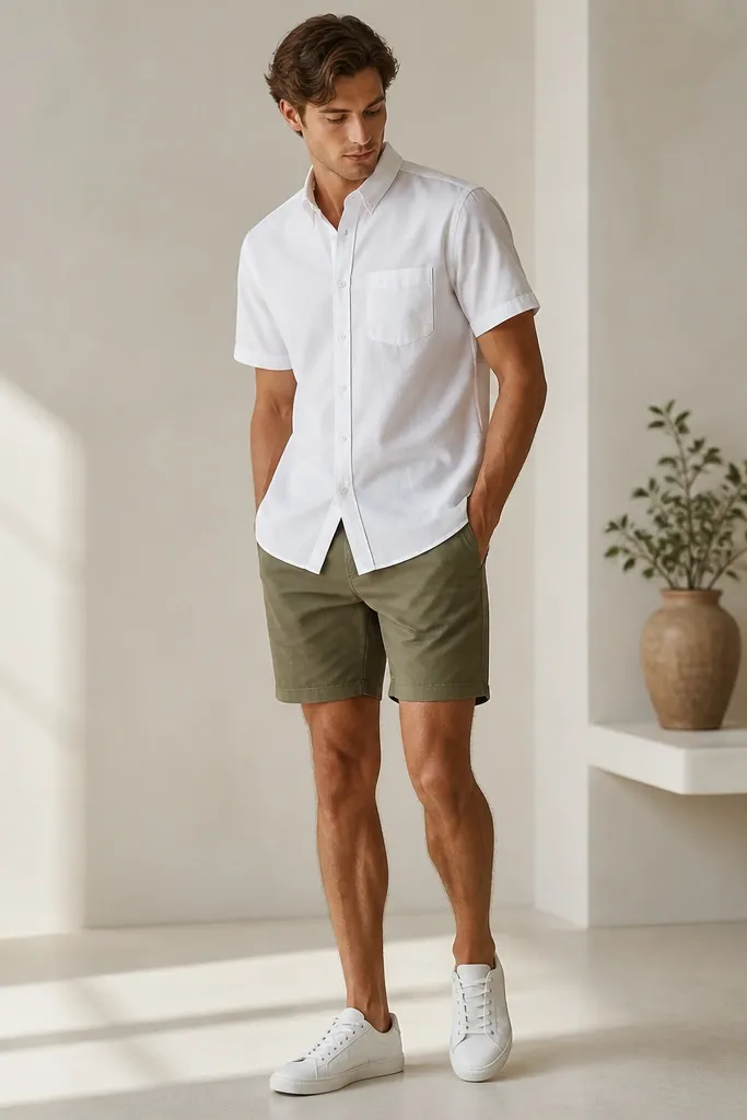 A model wearing a white short-sleeve button-up with a slightly relaxed fit, paired with olive twill shorts that hit mid-thigh. White low-top sneakers complete the look; the shirt shows crisp stitching and a clean placket.