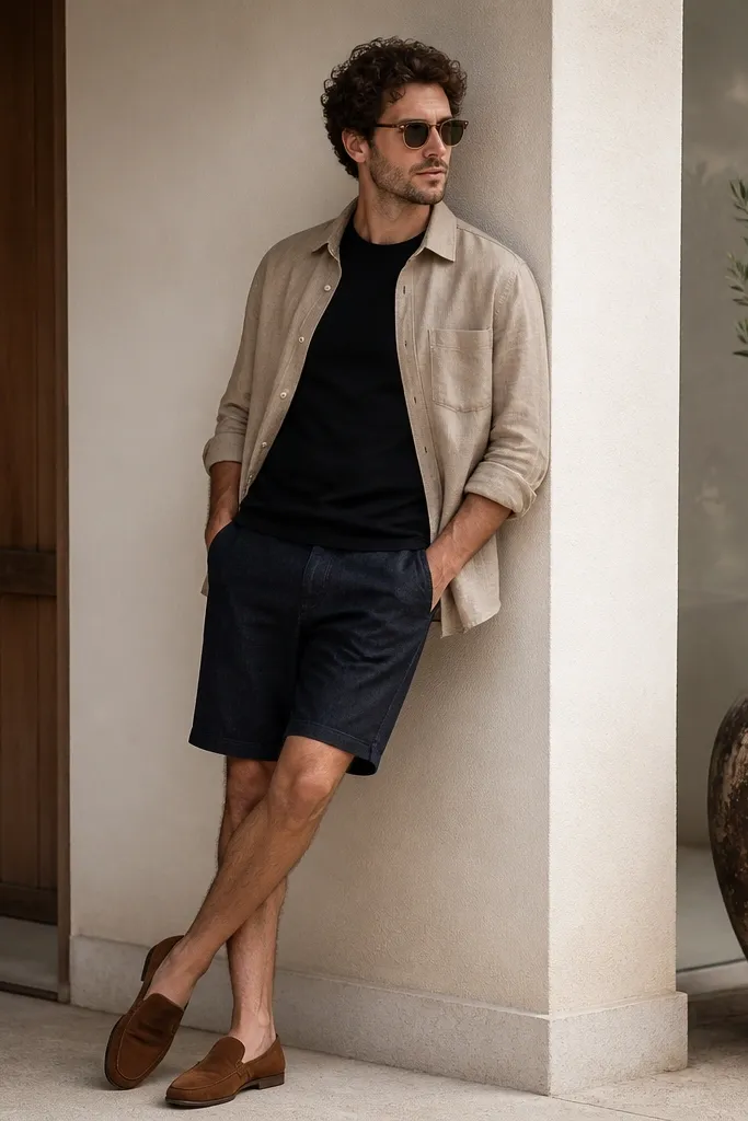 A black crew-neck tee under a tan linen-blend overshirt worn open. The shorts are dark indigo denim with a clean cuff-free hem. The shoes are brown suede slip-ons.
