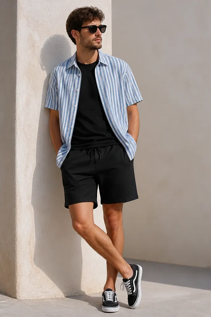 A blue-and-white striped short-sleeve button-up worn slightly open over a black tee, with black drawstring shorts. Dark sunglasses and casual sneakers finish it.
