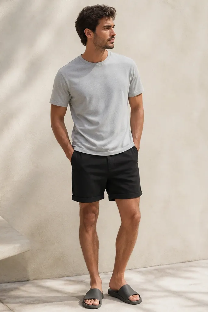 A light gray crew-neck tee paired with black shorts that have a slight cuff at the hem. Charcoal slide sandals complete the minimal summer outfit.