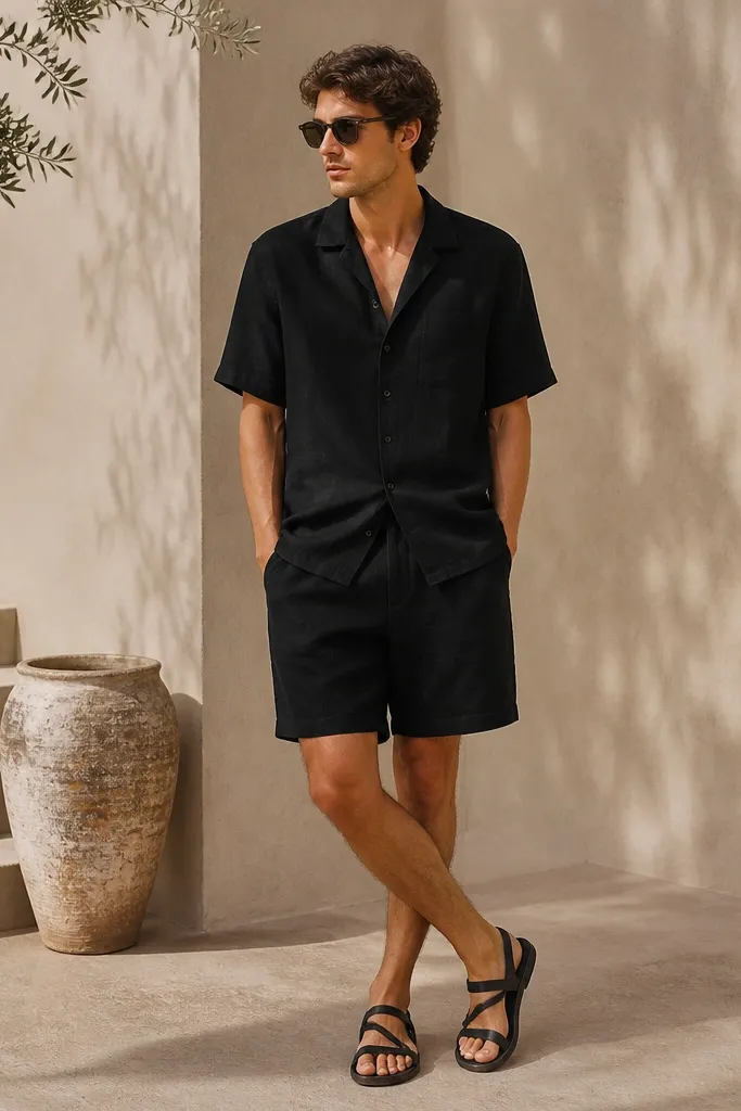 A black linen-blend short-sleeve shirt worn with black shorts in a matching tone. The outfit looks monochrome with a relaxed drape. Black sandals or minimalist sneakers complete it.