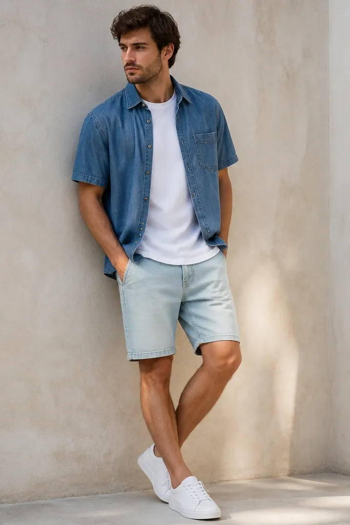 A blue denim short-sleeve overshirt worn open over a white tee. Light-wash shorts sit above the knee with a simple hem. The shoes are white sneakers with a low profile.
