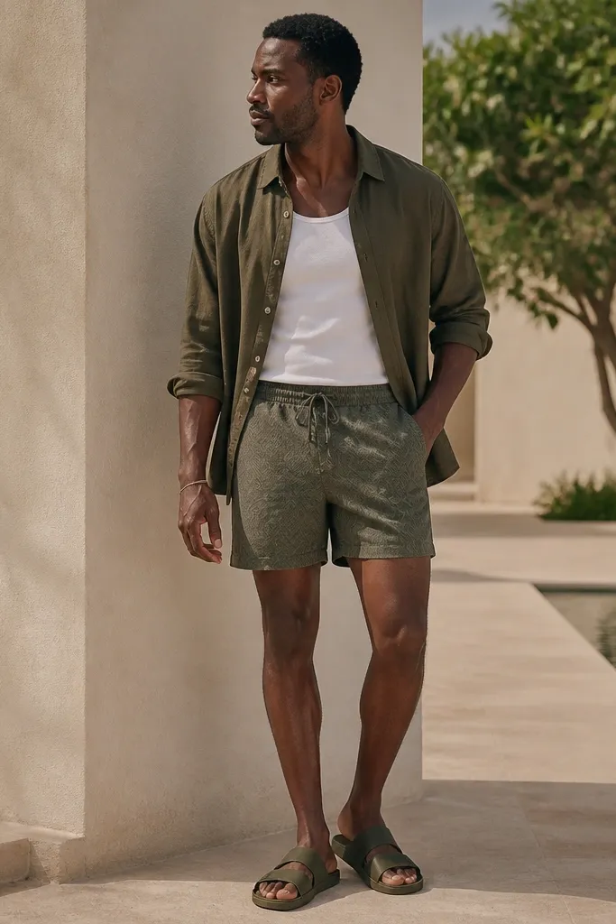 A white tank top under an olive overshirt worn open. The shorts look like structured swim shorts with a subtle pattern and a drawstring. Olive or dark sandals finish the look.