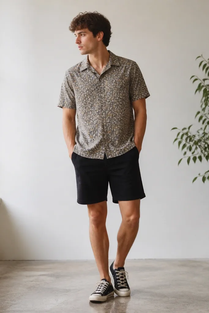 A short-sleeve button-up with small floral pattern in muted tones. It's paired with plain black shorts and black canvas sneakers. The shirt is worn un-tucked.