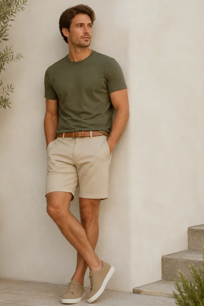 An olive crew-neck tee paired with sand-colored chino shorts. A tan belt is visible, and the shoes are light brown sneakers.